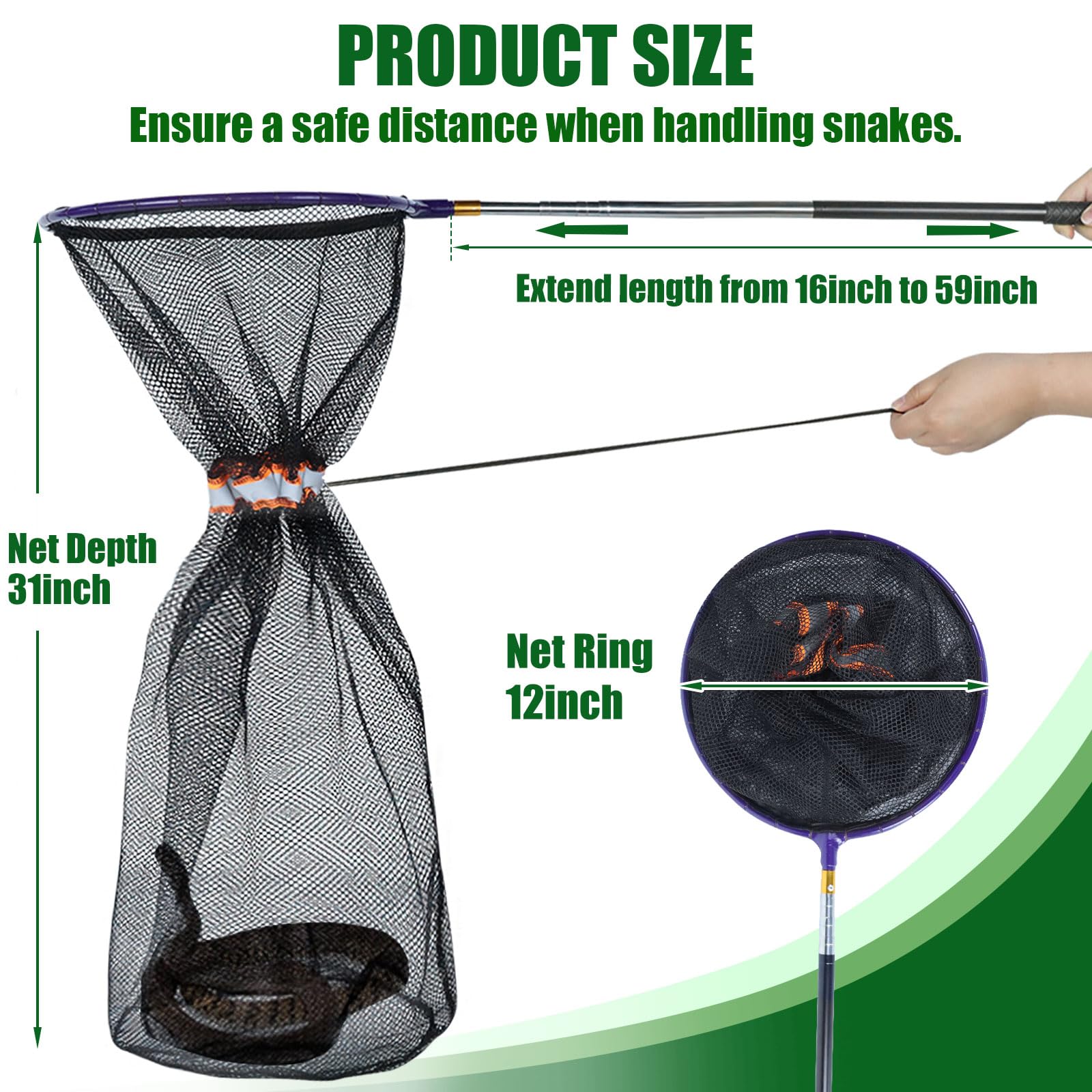 IC ICLOVER snake catching net with drawstring secured to prevent escape.