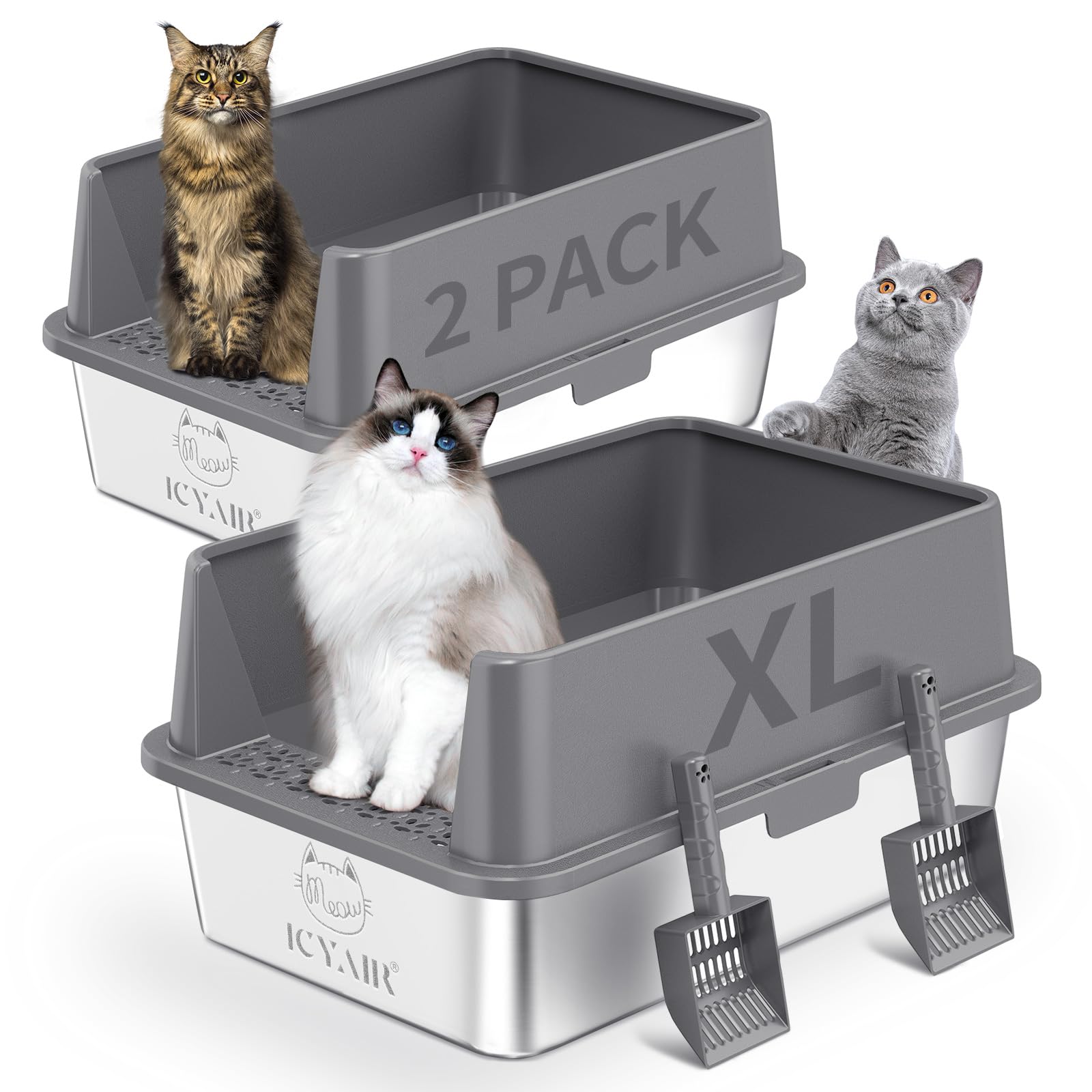 ICYAIR 2pack stainless steel litter box with high sides for big cats – roomy space