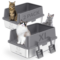 ICYAIR 2pack stainless steel litter box with high sides for big cats – roomy space