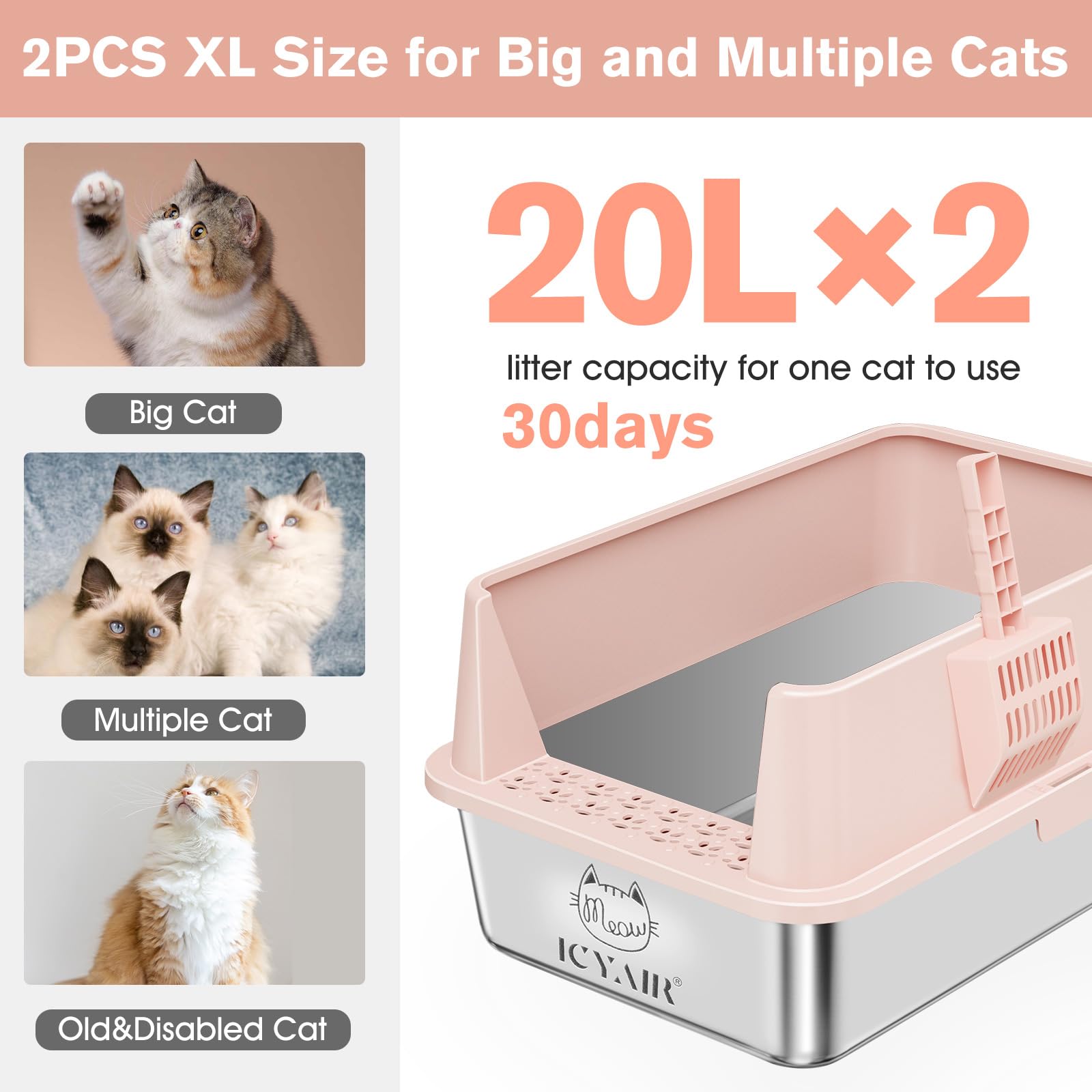 ICYAIR 2-pack XL stainless steel litter box front view highlighting high sides