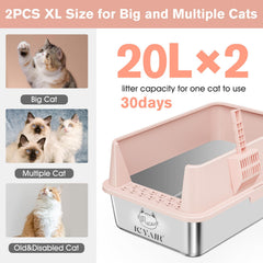 ICYAIR 2-pack XL stainless steel litter box front view highlighting high sides