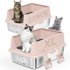 ICYAIR 2-pack XL stainless steel litter box left view for roomy multi-cat use