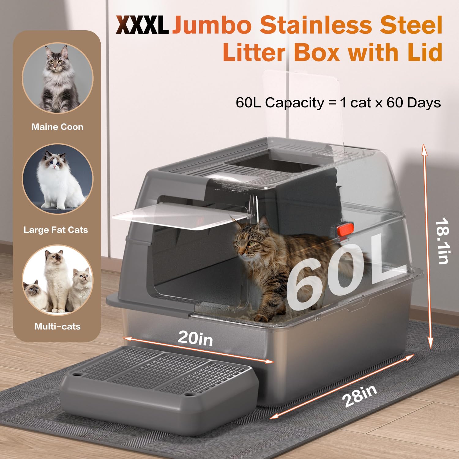 ICYAIR XXXL litter box interior with ample space for large cats