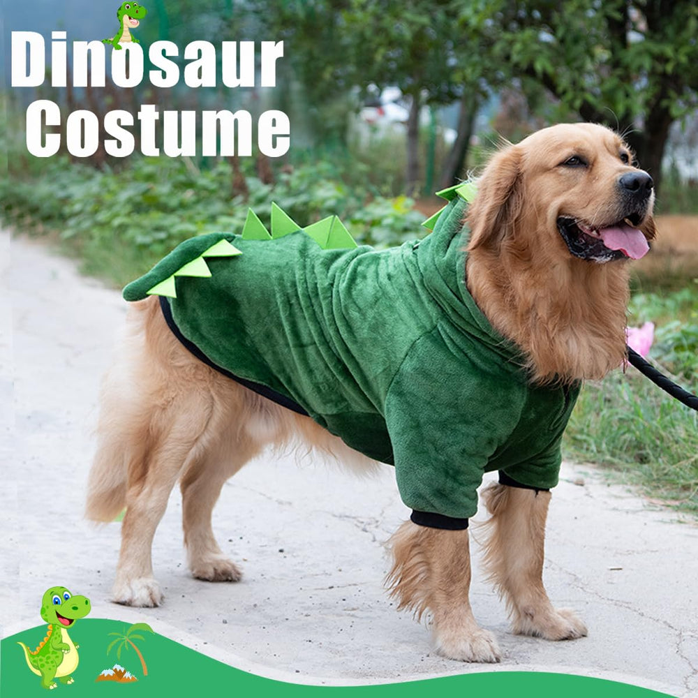 Idepet bright-green dinosaur costume on dog for party visibility.
