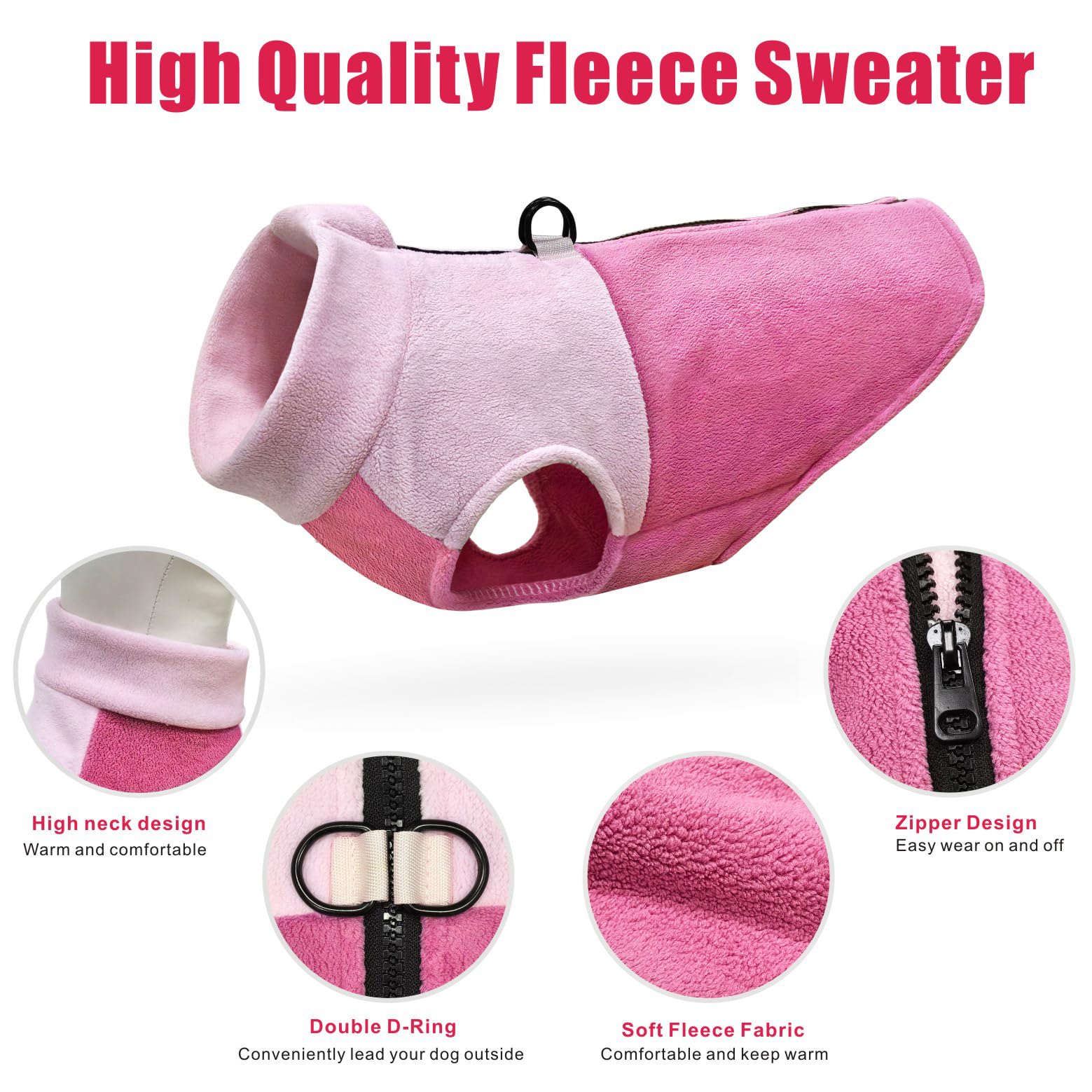 Idepet Dog Fleece Vest back with D-ring in pink for leash-ready daily walks