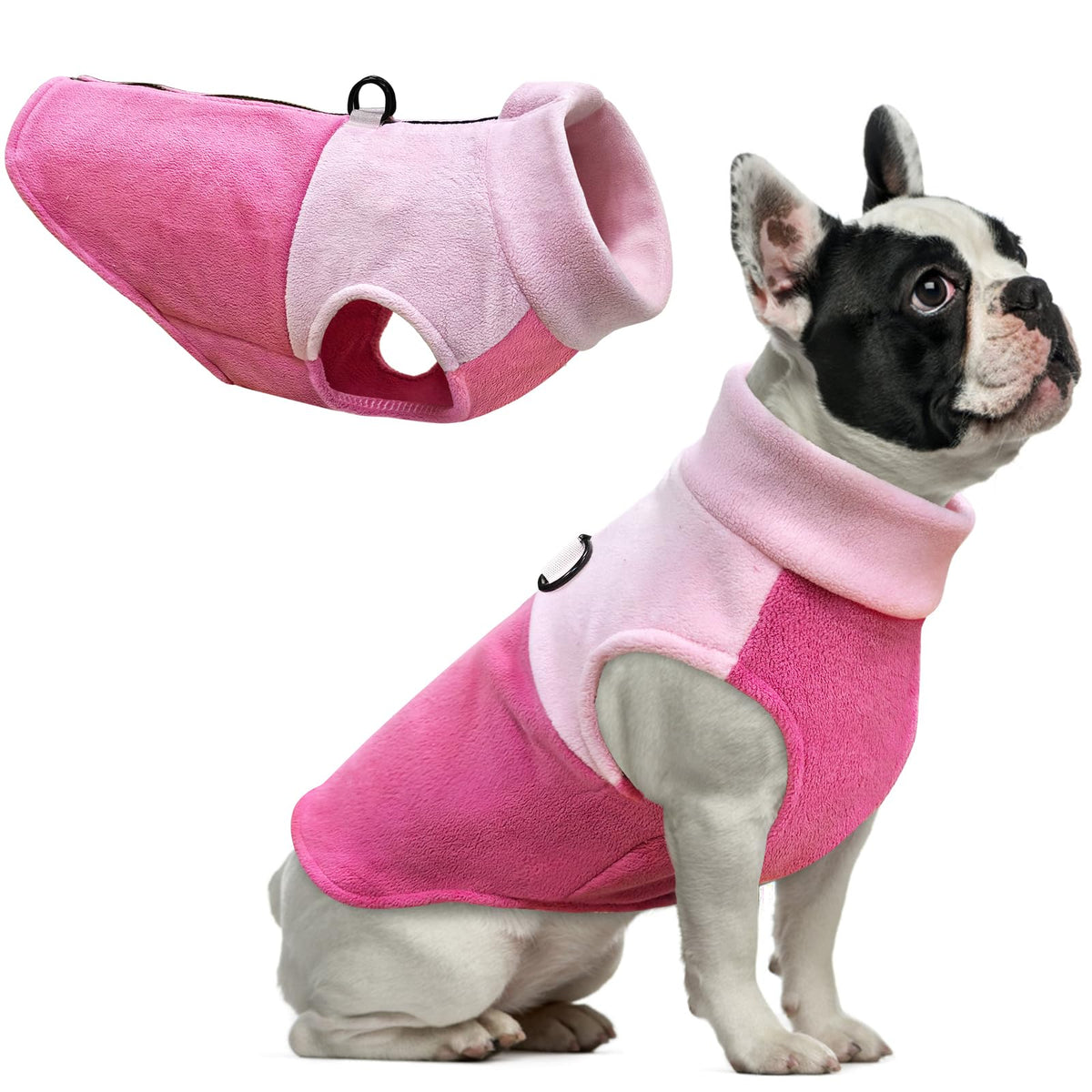 Idepet Dog Fleece Vest front view in pink shows cozy warmth for small and medium dogs