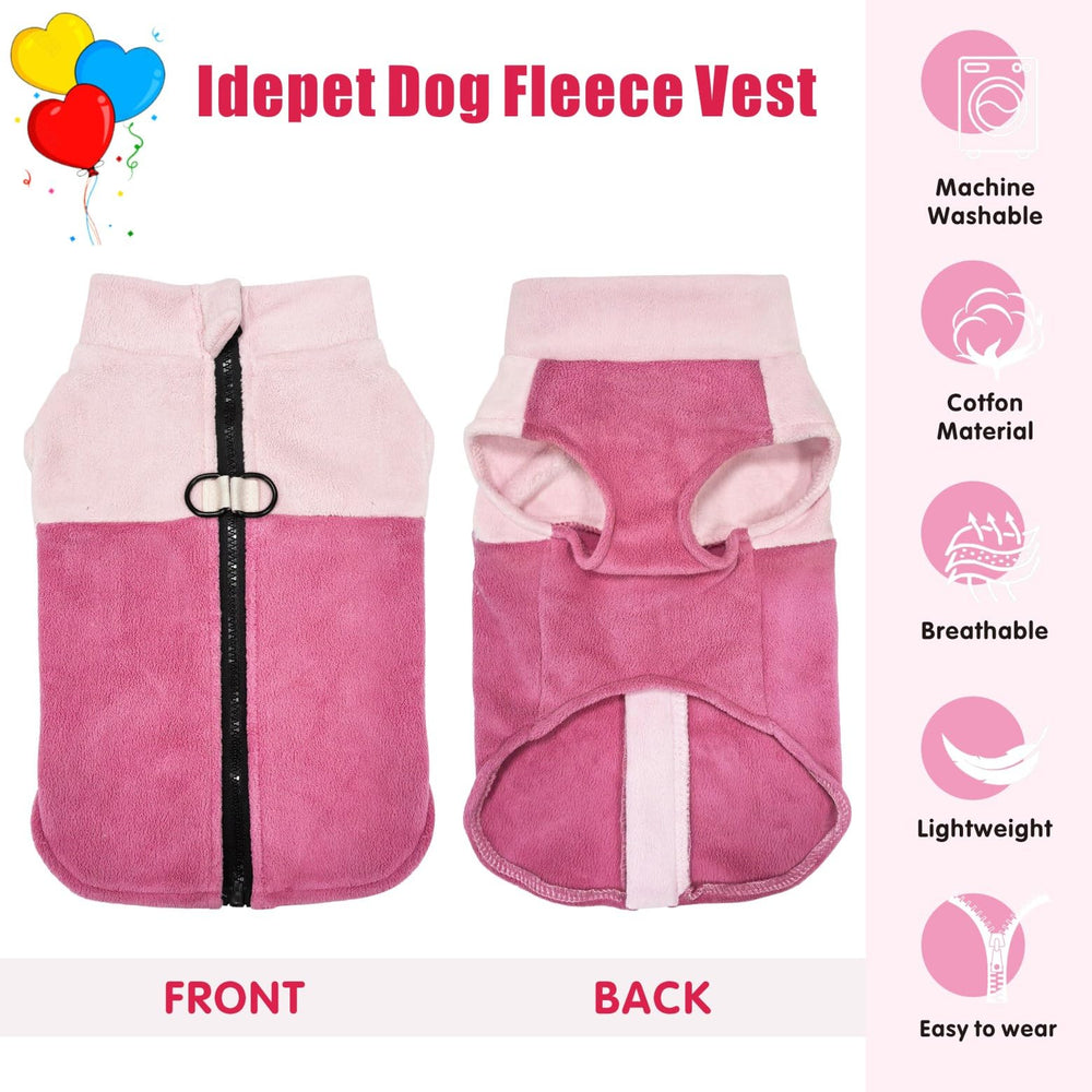 Idepet Dog Fleece Vest zip closure in pink for easy on/off