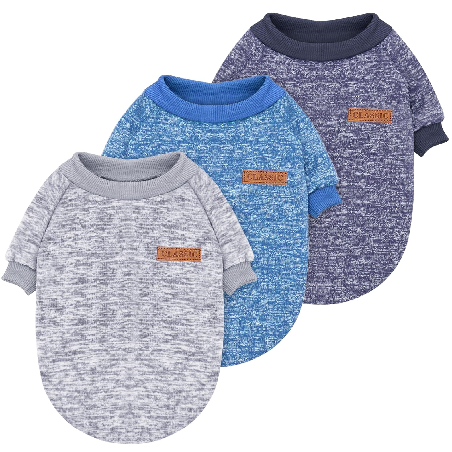 Idepet dog knitwear three-pack sweater display demonstrates warm, cozy small-dog fashion.