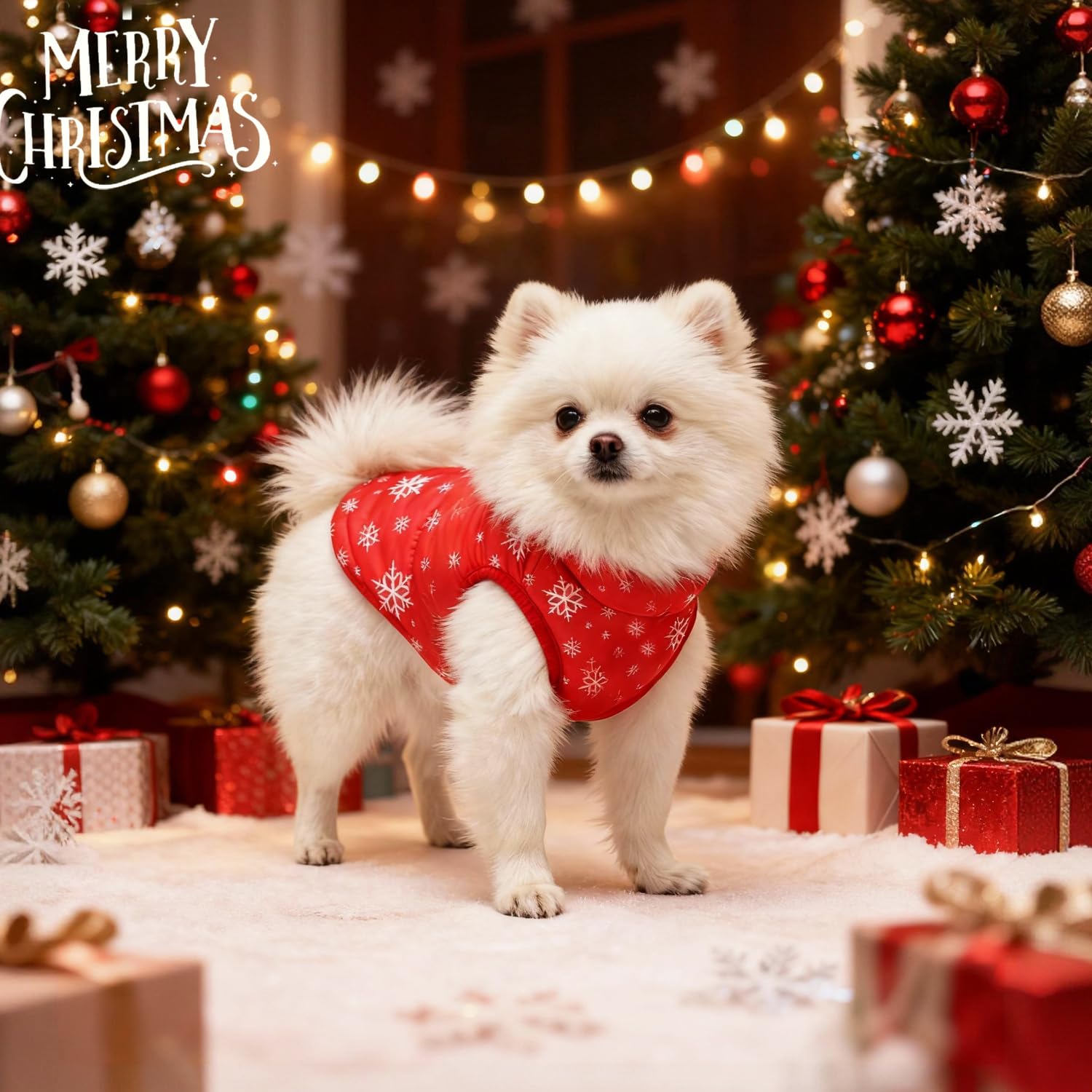 Idepet dog wearing patchwork coat at a party-ready moment