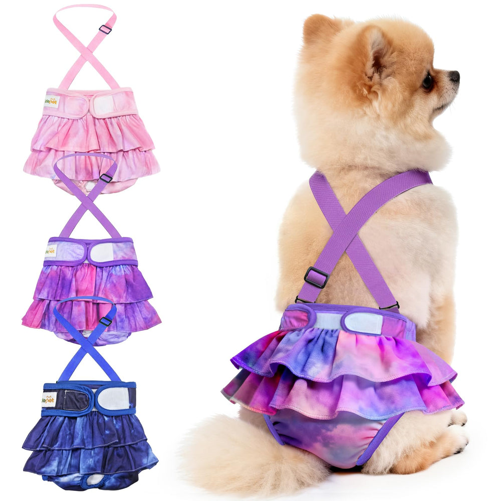 Idepet tie-dye female dog diapers with suspenders for secure fit during heat or training