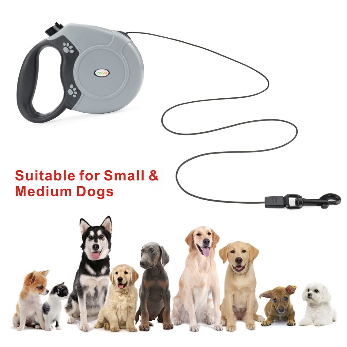 Idepet packaging shows contents: leash and stainless steel chain plus 24/7 support.