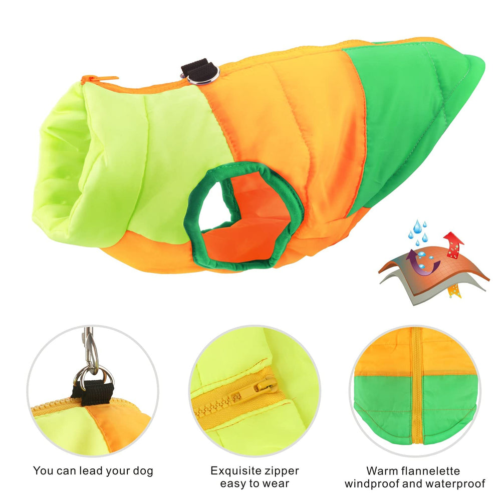 Idepet patchwork vest back view green, keeps chilly pets comfortably protected