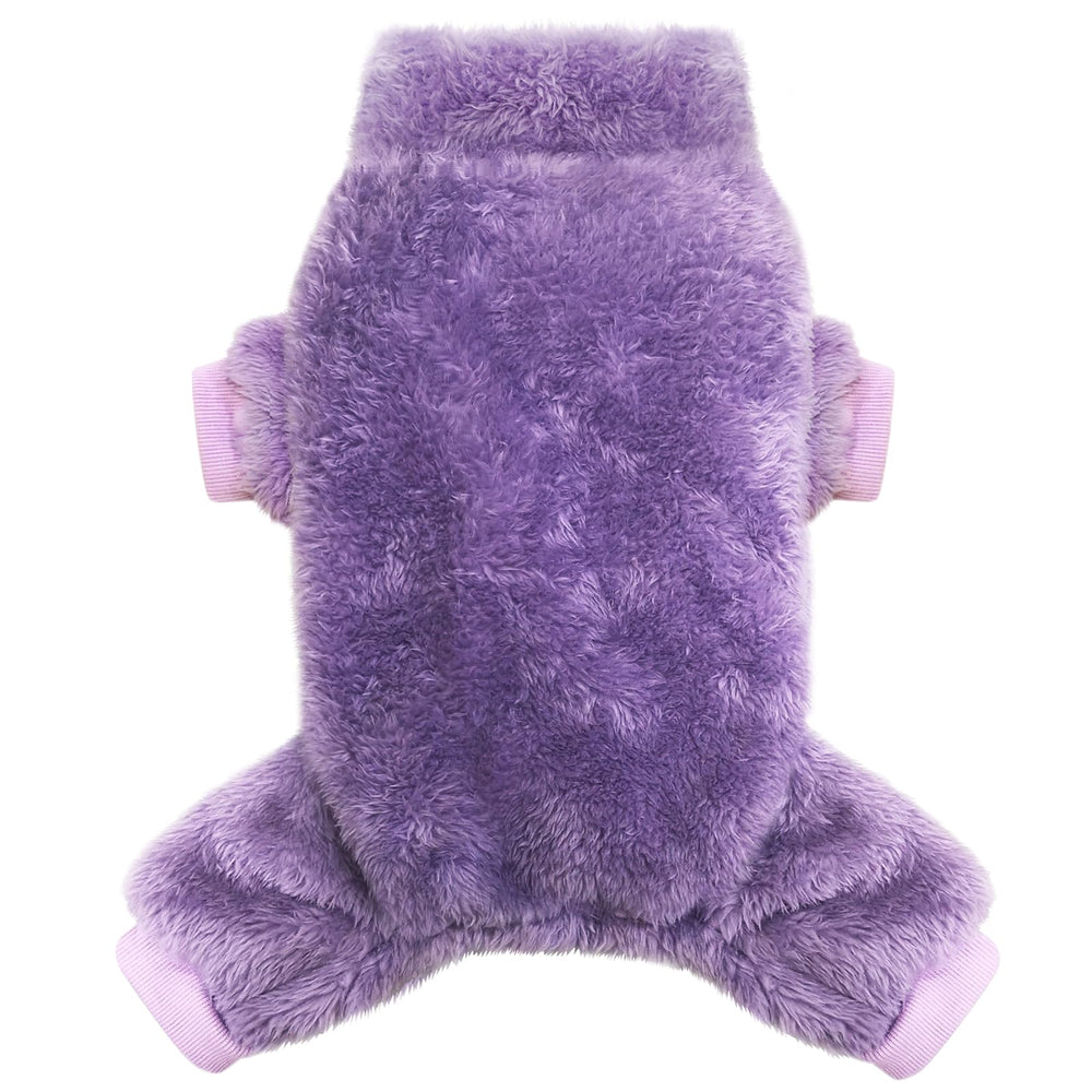 Idepet plush dog sweater onesie fleece purple close-up highlighting cozy fit.