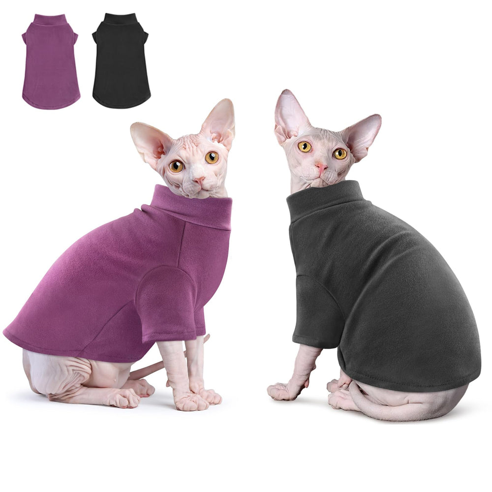 Idepet Sphynx sweater in black and purple provides cozy fit for hairless cats.