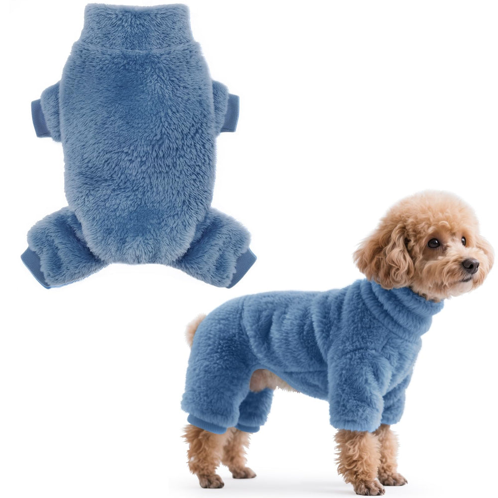 Idepet Velvet dog pajamas on a small dog in blue highlight warmth for chilly days.