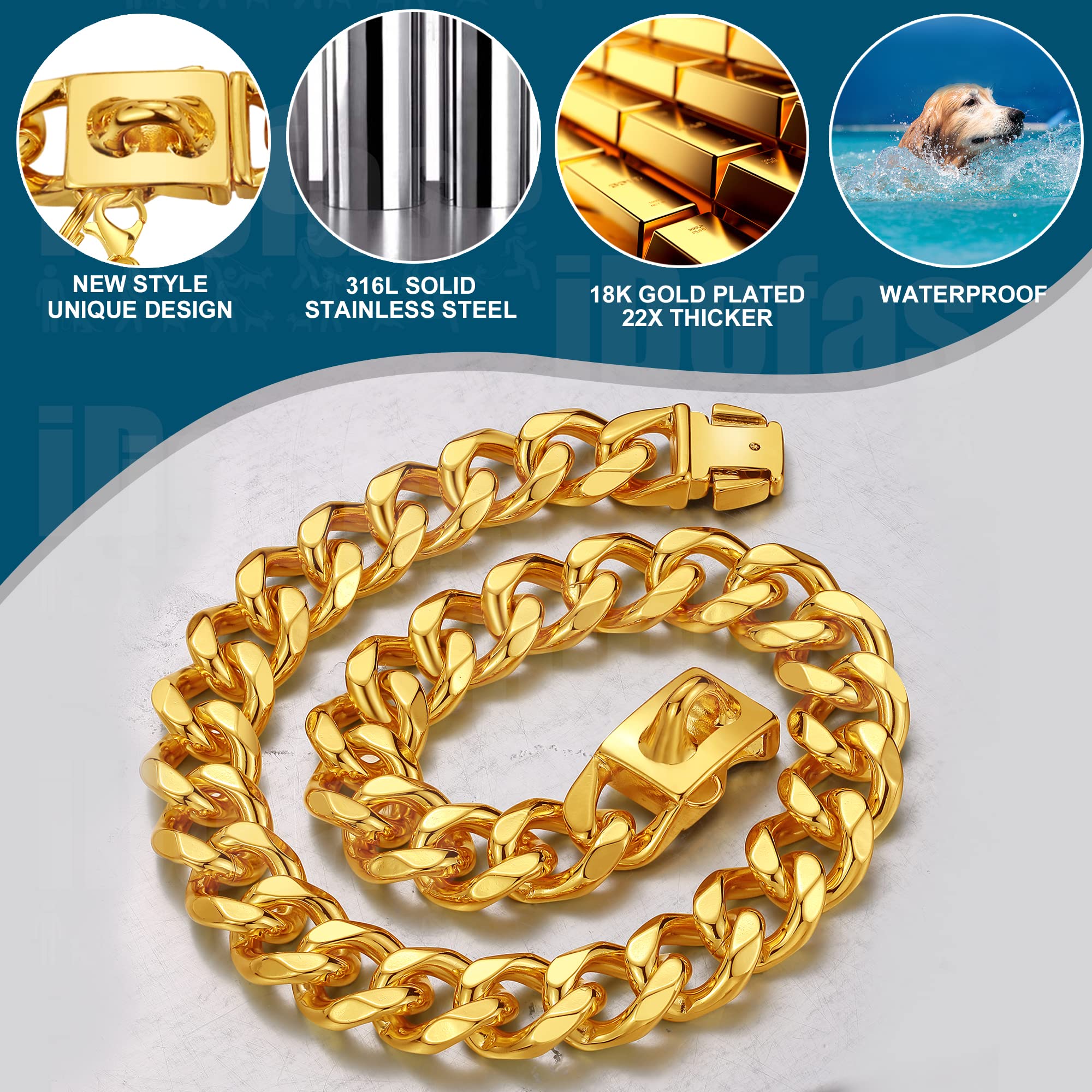 iDofas Gold Dog Chain Collar 18K gold plating closeup emphasizes luxury look and corrosion resistance.