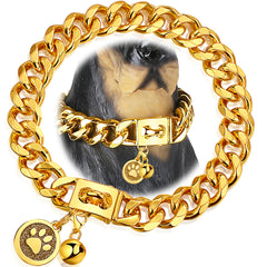 iDofas Gold Dog Chain Collar closeup highlights premium 18K plating and durable build.
