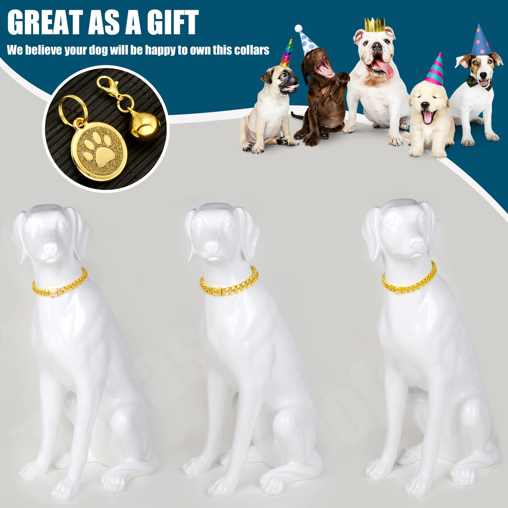 iDofas Gold Dog Chain Collar packaging with dog tag and bell highlights included extras.