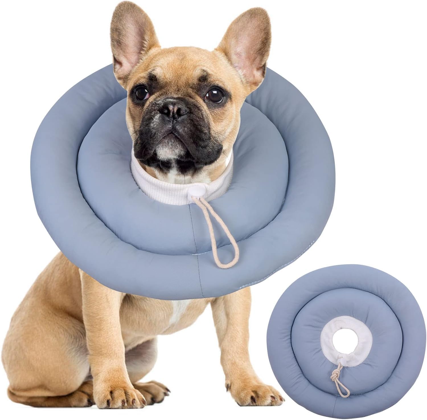 IDOMIK dog recovery collar blue side view provides soft protection for incision area.