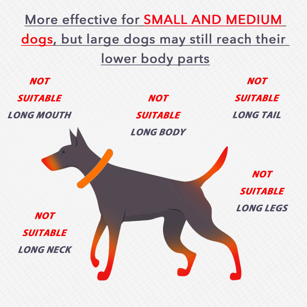 IDOMIK dog recovery collar size range illustration emphasizes five sizes for pets.