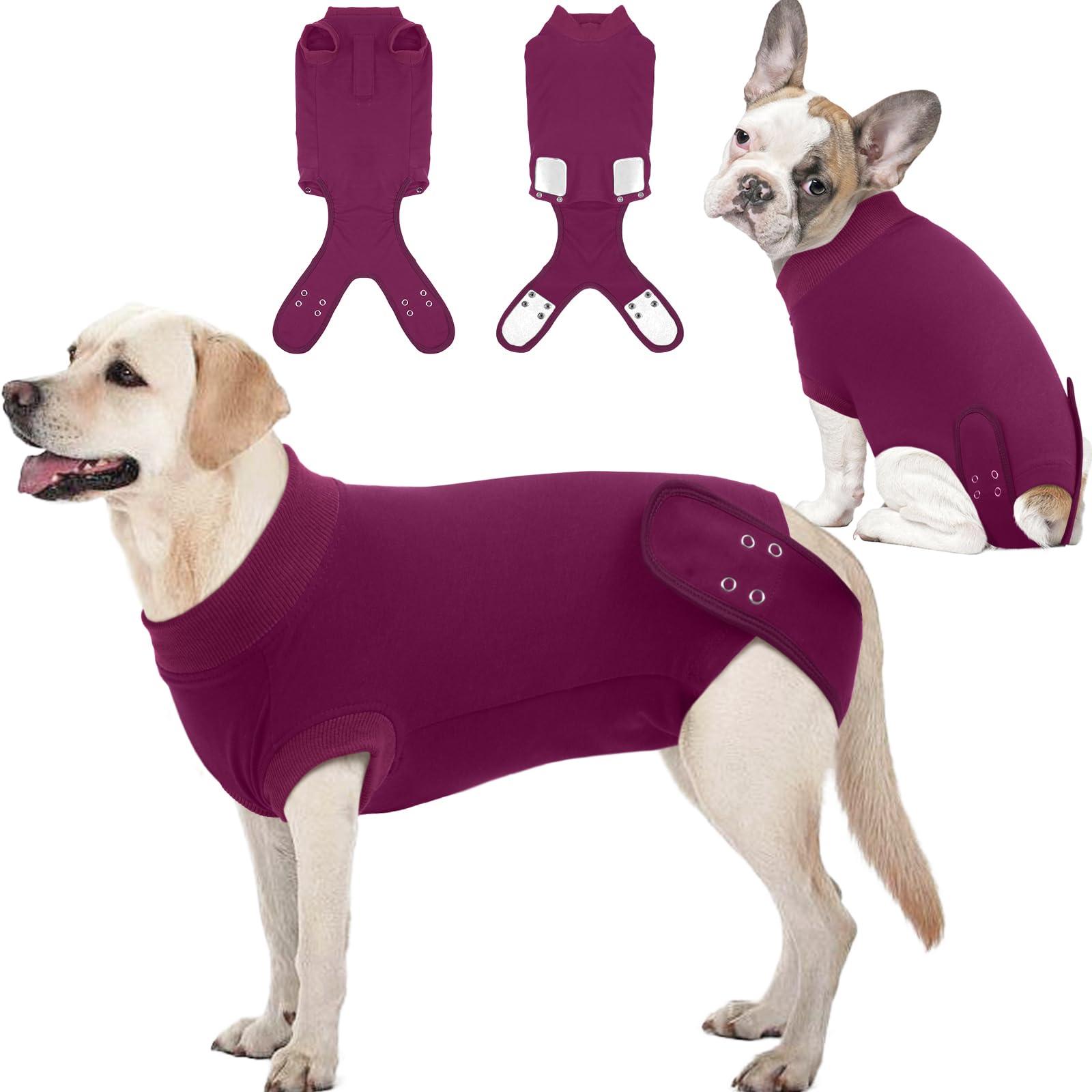 IDOMIK Dog Recovery Suit front view showing protective coverage for surgical wounds.