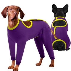 IDOMIK dog recovery suit front view showing protective coverage for post-surgery care.
