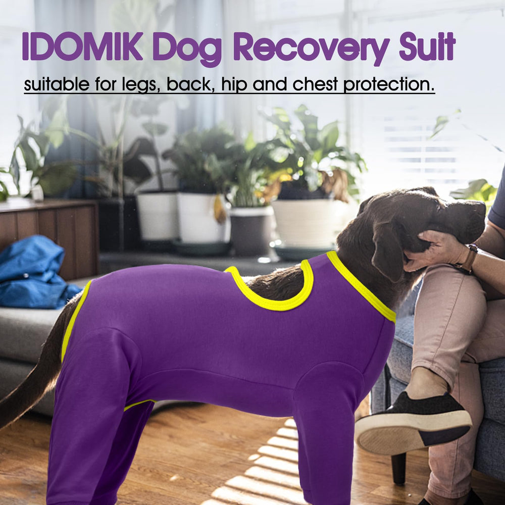 IDOMIK dog recovery suit size chart illustrates availability from S to 3XL.