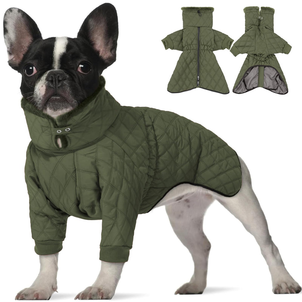 IDOMIK dog winter coat green front view provides snug warmth for walks.