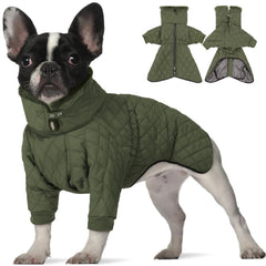 IDOMIK dog winter coat green front view provides snug warmth for walks.