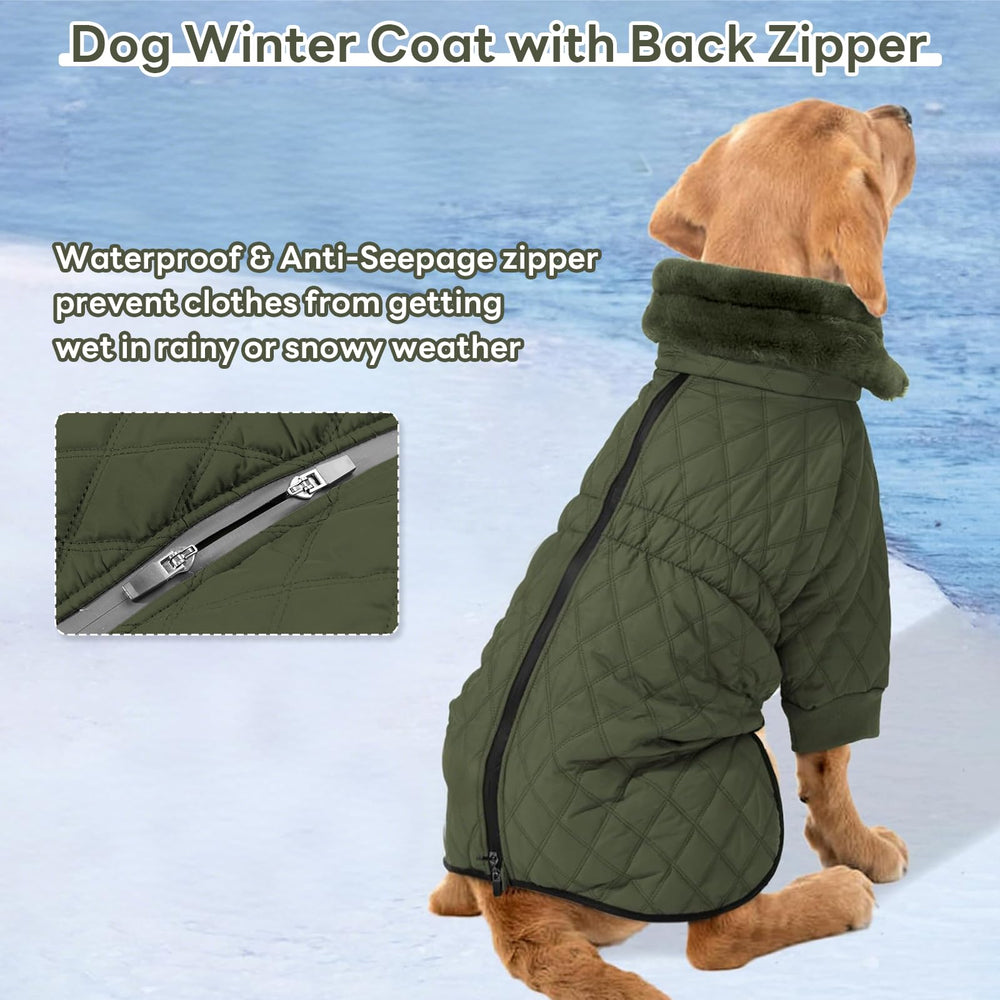 IDOMIK dog winter coat green waterproof back zipper detail blocks snow