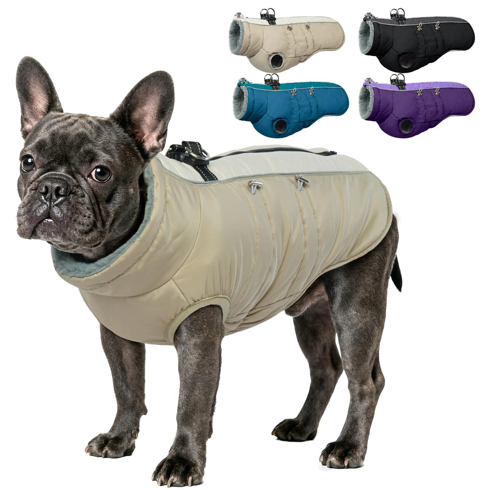 IDOMIK warm dog coat front view with harness for cold-weather walks