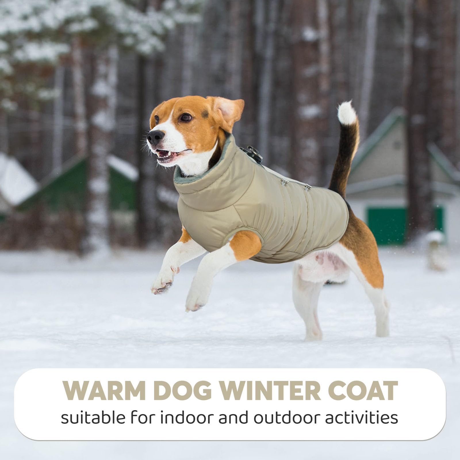 IDOMIK warm dog coat harness in-use action during walks and hikes in cold weather.