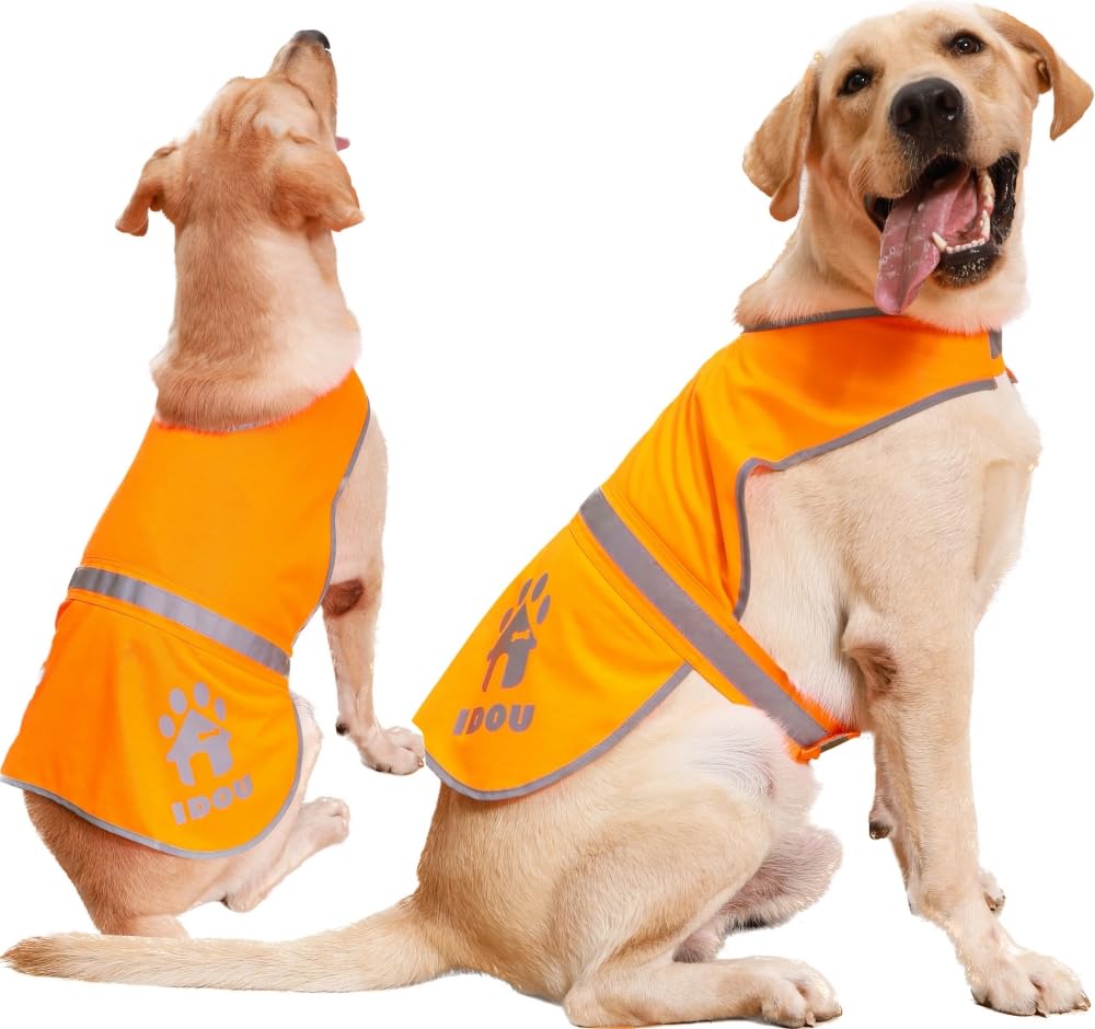 IDOU orange reflective dog vest front view showing high visibility for night walks
