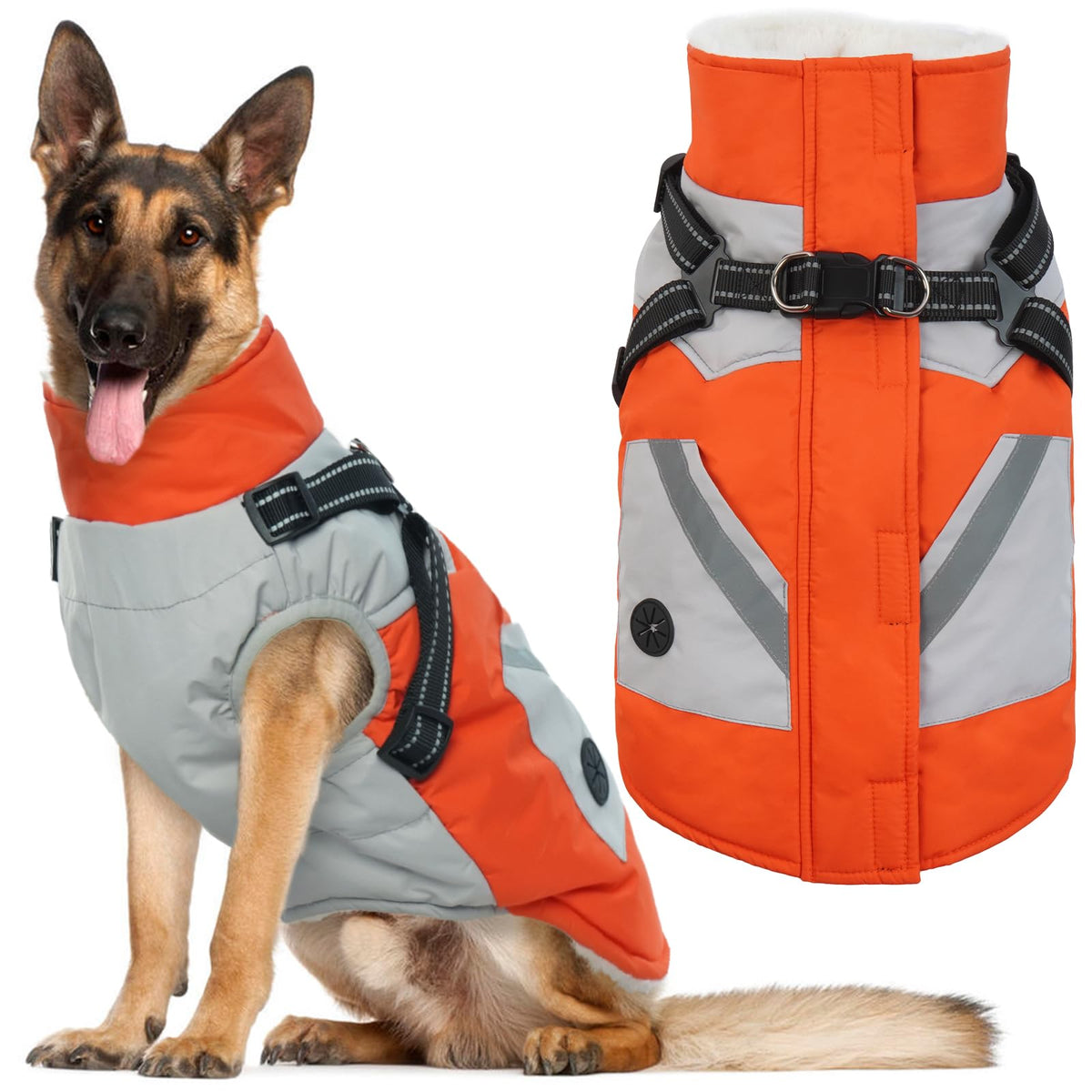 IECOii dog coat back view showcases waterproof orange design for all-weather protection.