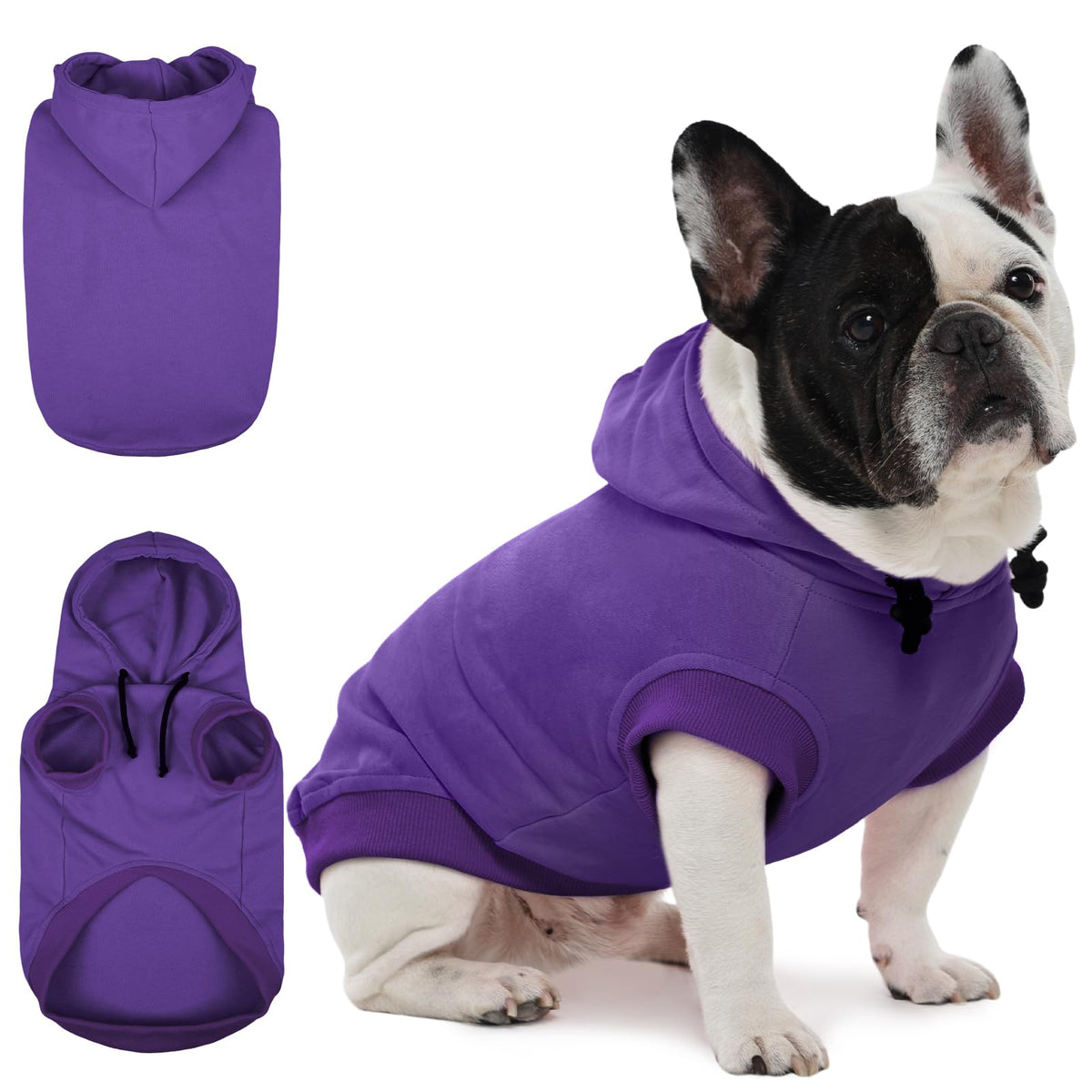 IECOii dog hoodie purple front view shows cozy, breathable fit for small breeds.