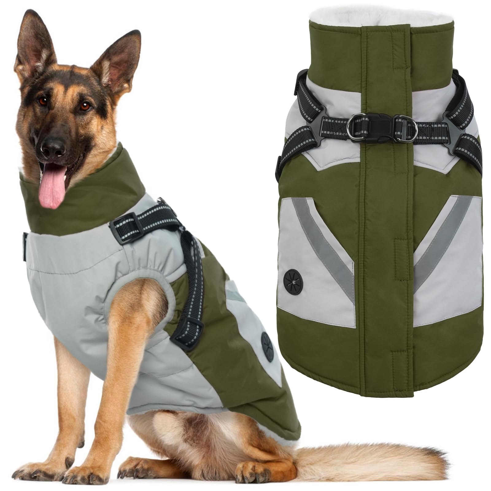 IECOii dog jacket XXXL green front view shows warmth and visibility