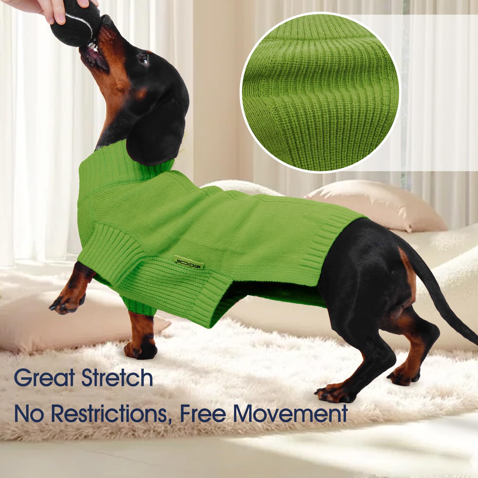 IECOii dog sweater green care-instruction image suggests machine washability.