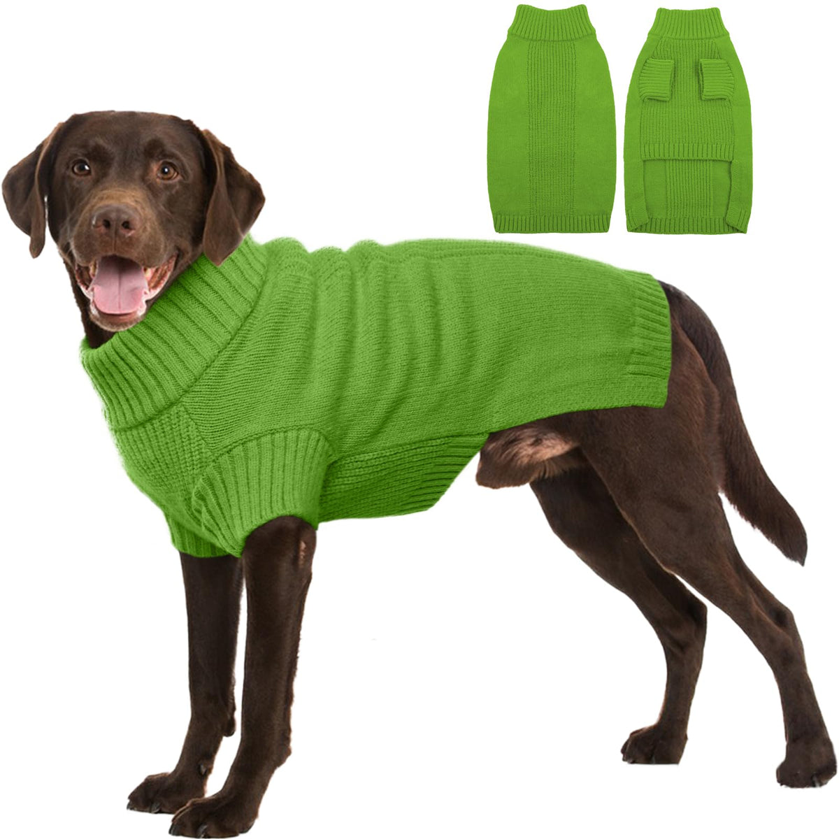 IECOii dog sweater green front view offers cozy warmth for chilly walks.