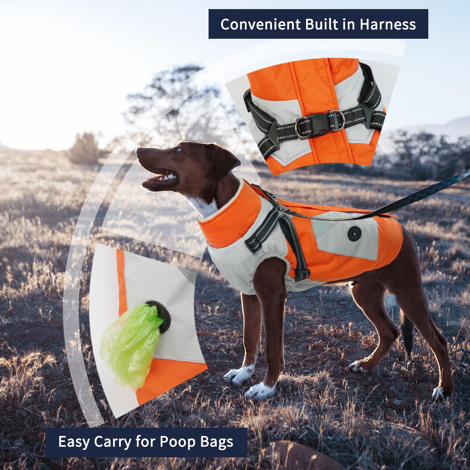 IECOii dog winter coat orange back view highlights reflective straps for nighttime safety.