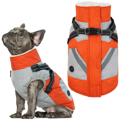IECOii dog winter coat orange front view shows cozy fleece lining for cold walks.