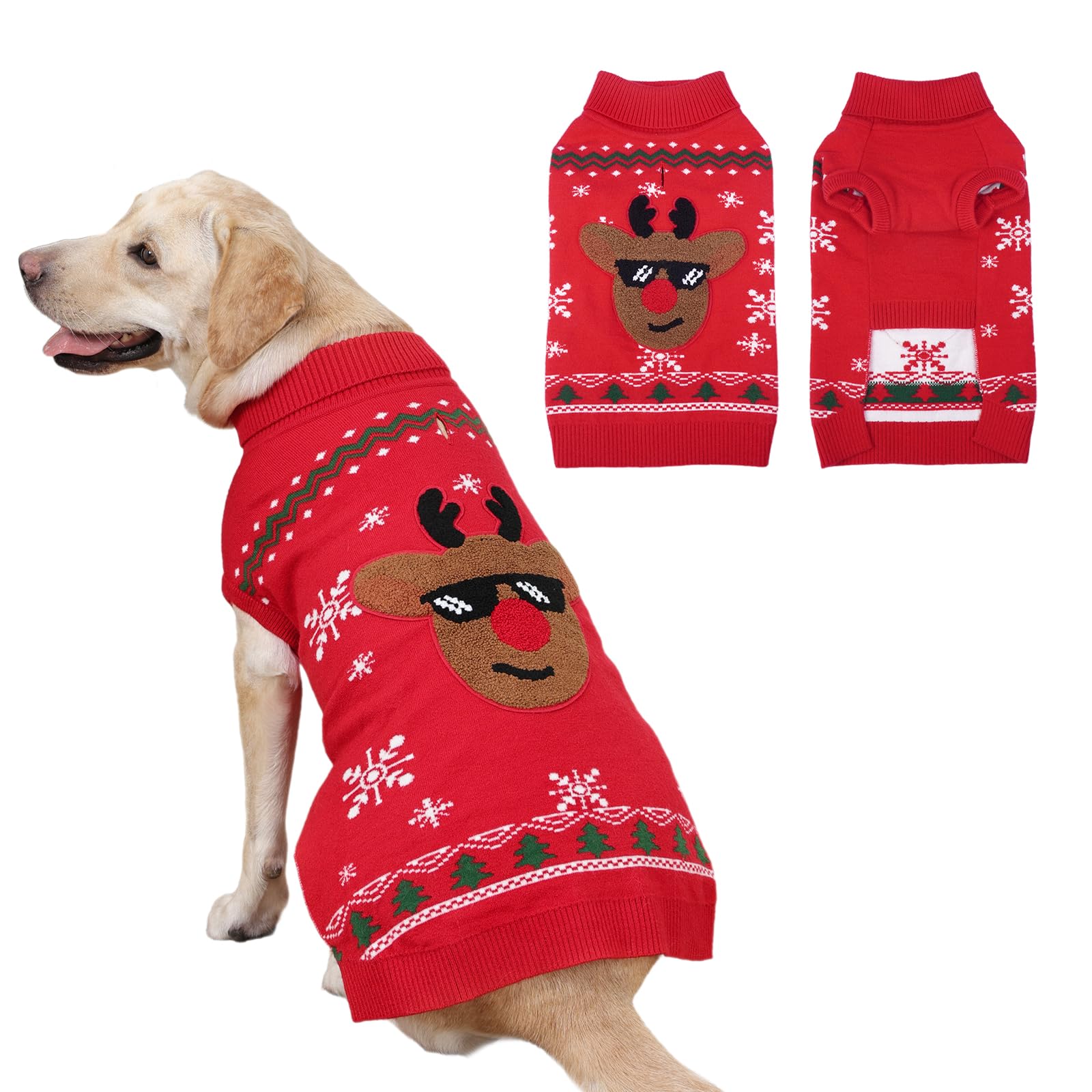 IECOii large dog Christmas sweater front view for warm winter walks with festive style.