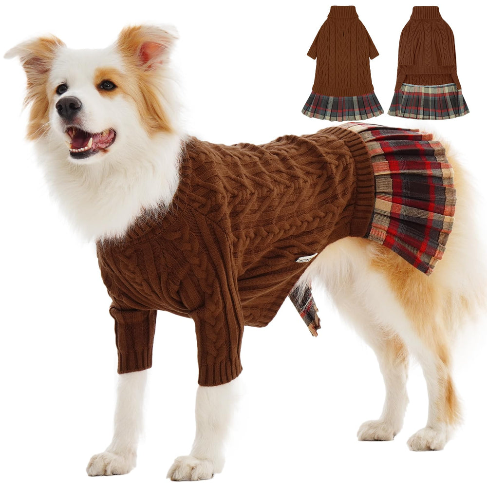 IECOii XL dog sweater dress caramel knit close-up cable detail for warmth