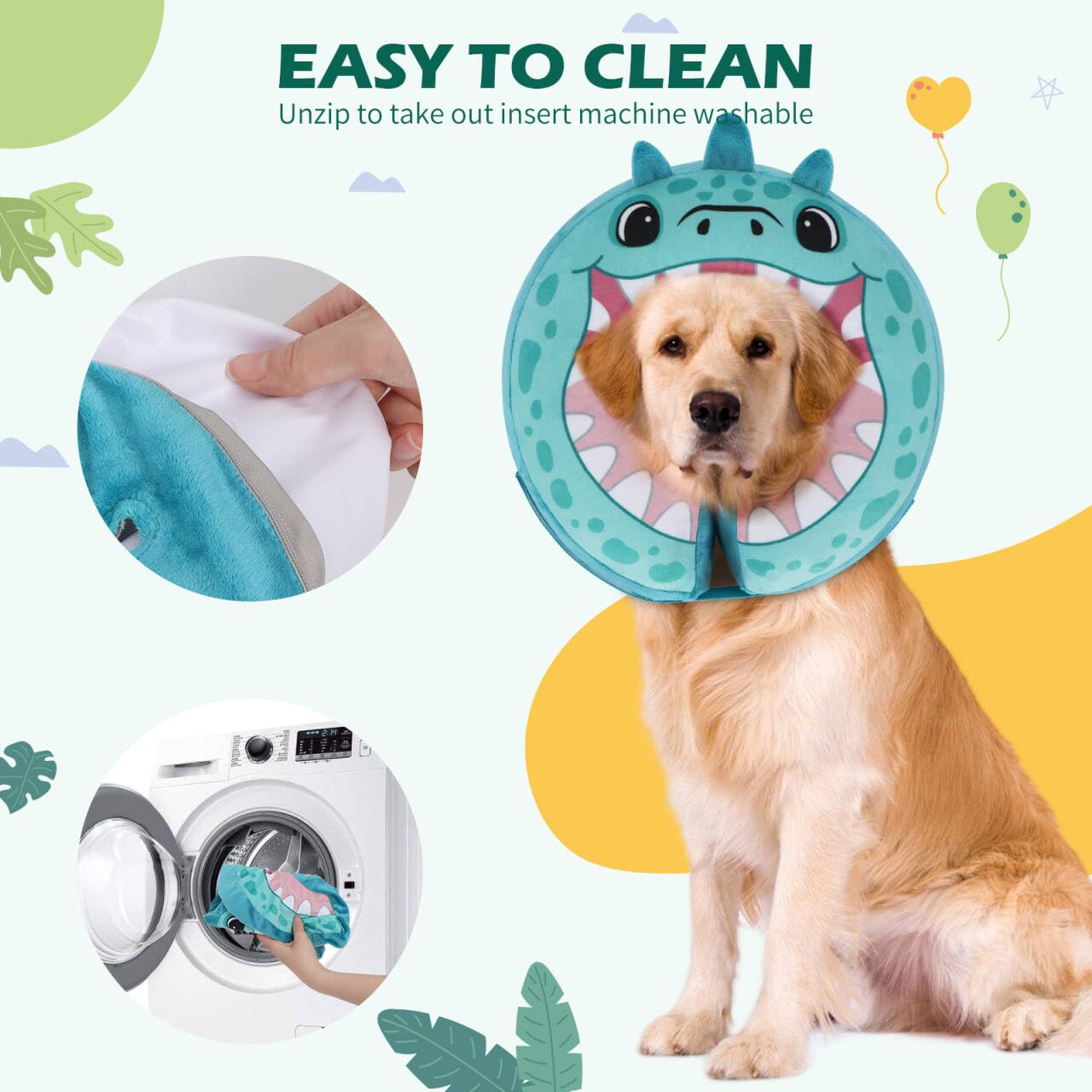 IEUUMLER cute teal dinosaur design on dog collar adds cheerful recovery aesthetics.