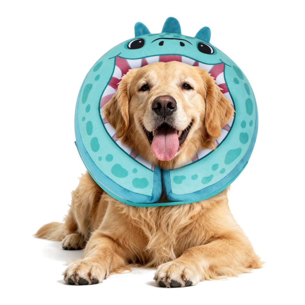 IEUUMLER inflatable recovery collar teal dinosaur XL shields surgical area while keeping vision clear.