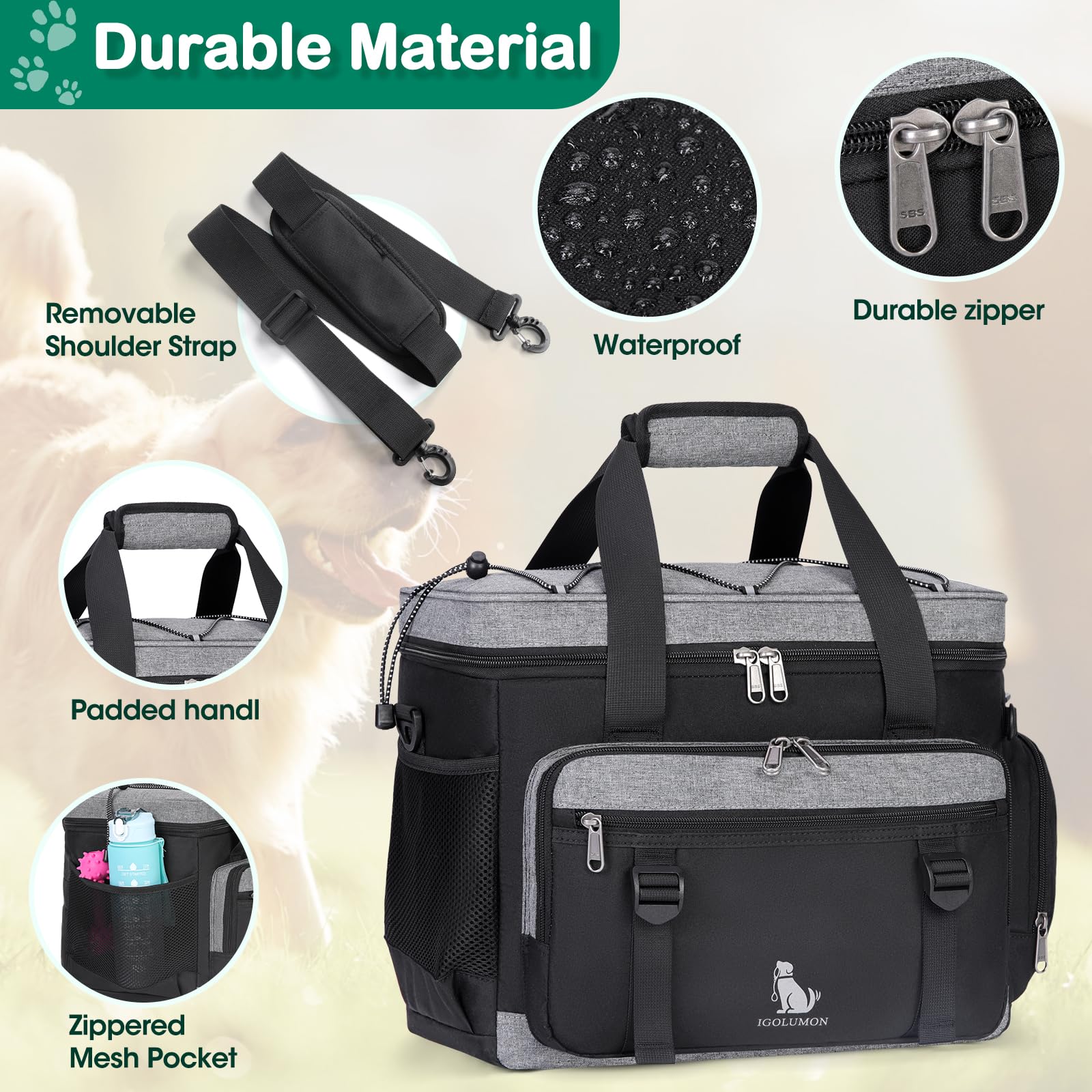IGOLUMON multi-pocket organization shows spacious compartments for toys, treats, and travel essentials