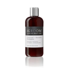 iGroom Charcoal Keratin Dog Shampoo bottle highlighting detoxifying formula for a refreshed coat.