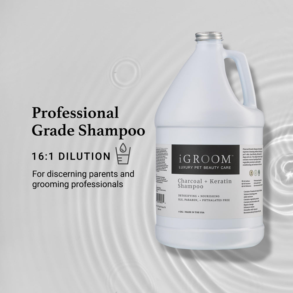 iGroom Charcoal Keratin Dog Shampoo detox image noting activated charcoal benefits for cleansing.