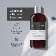 iGroom Charcoal Keratin Dog Shampoo foam-lather close-up showing rich cleansing action.