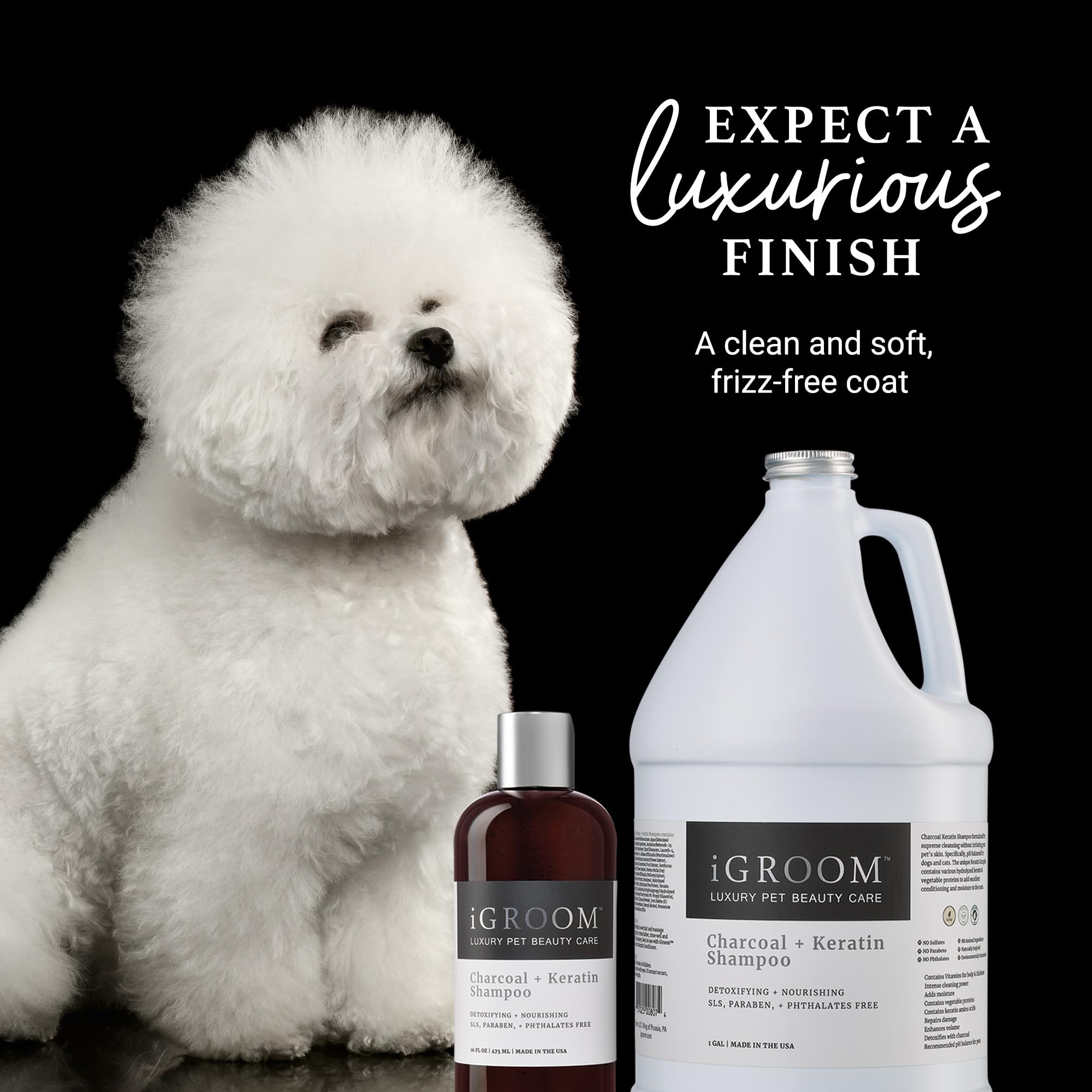 iGroom Charcoal Keratin Dog Shampoo bottle label close-up with keratin for hair strength and shine.