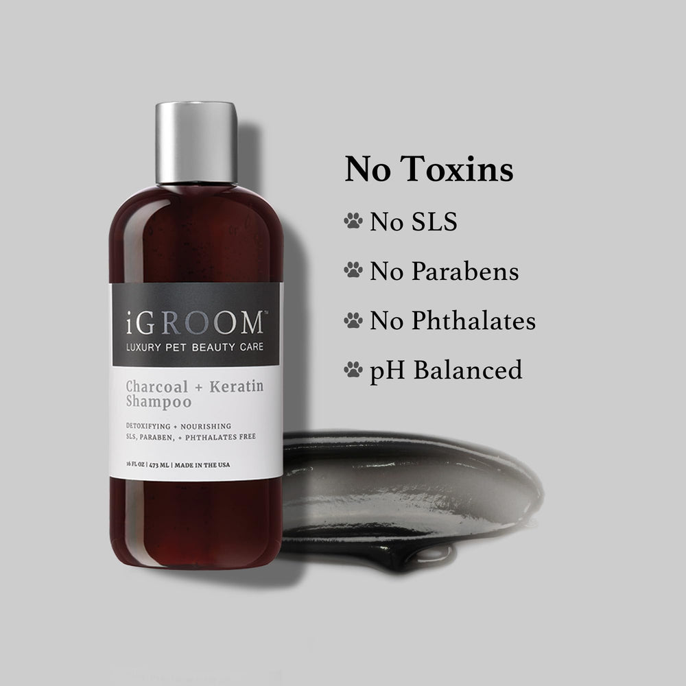 iGroom Charcoal Keratin Dog Shampoo USA-made badge visible in packaging close-up.